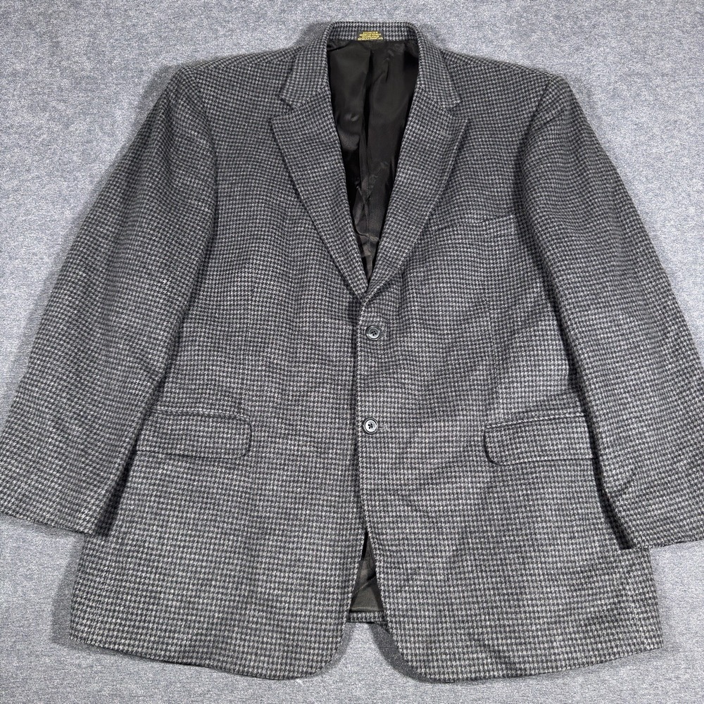 Stafford Sport Coat Blazer Men 46R Black Houndstooth Wool Camel Hair Jacket